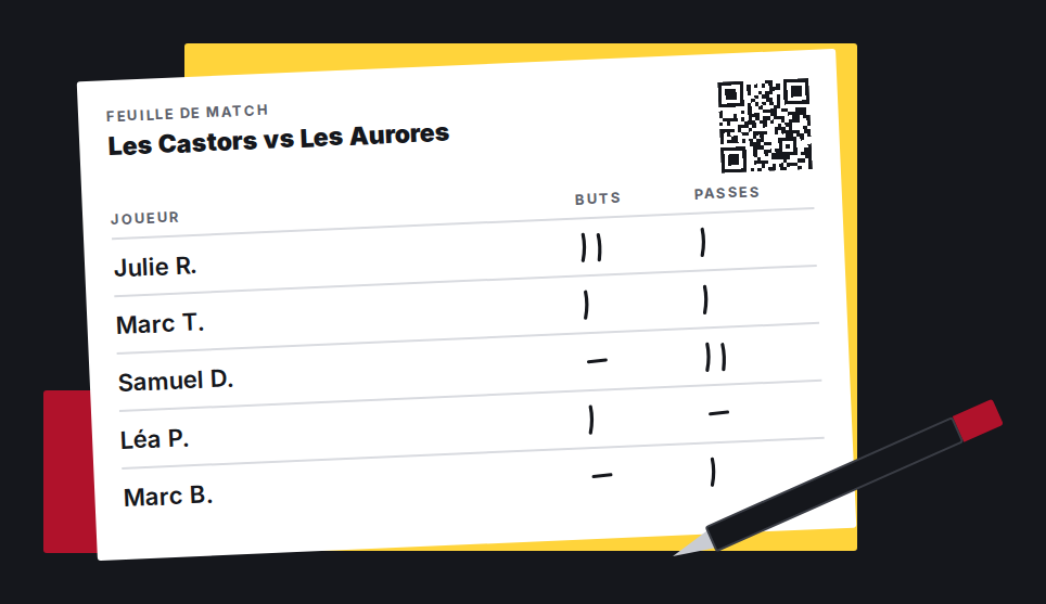 Illustration of a paper scoresheet in French, Les Castors vs Les Aurores: one mark per goal and per assist next to each name, and a QR code in the top right corner.