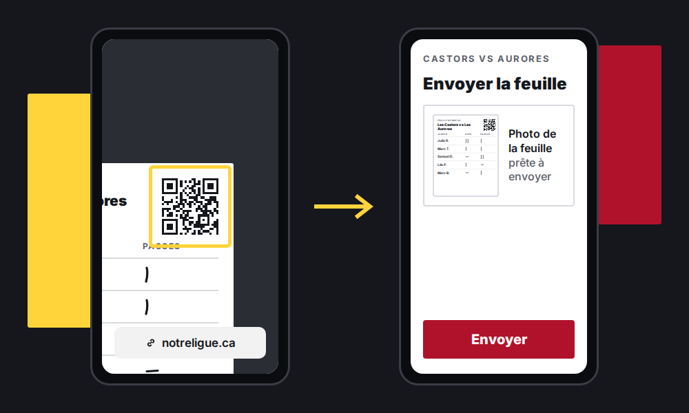 Illustration of two phone screens: the camera points at the sheet's QR code and shows the link, then the upload page shows the photo ready to go and the Send button, in French.