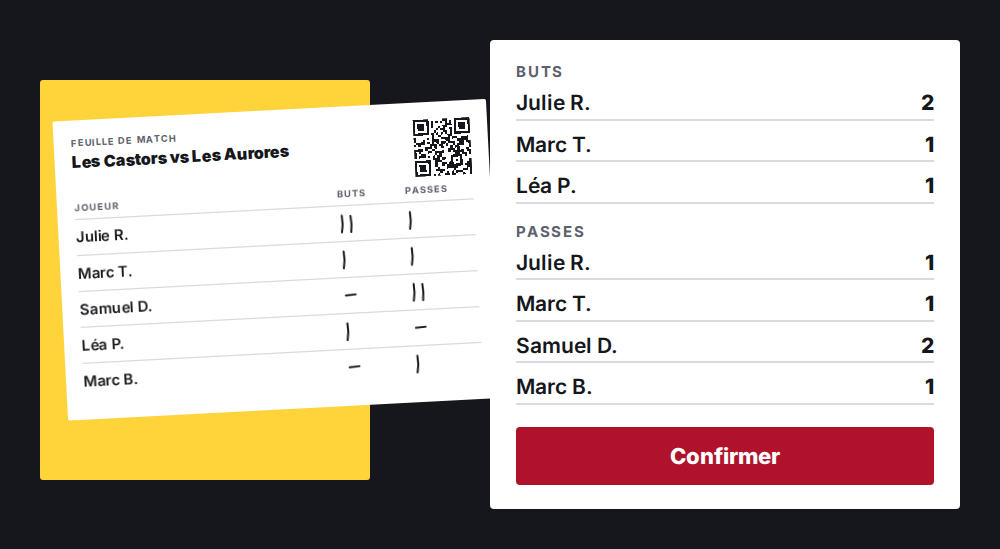 Illustration of the review: the photo of the sheet next to the goals and assists read for each player, with a button to confirm.